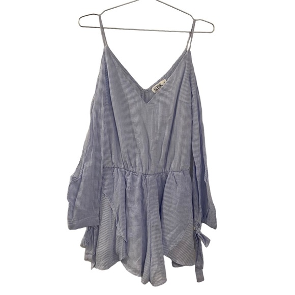 LF Seek The Label Blue & White Open-Shoulder Striped Romper - Picture 1 of 11